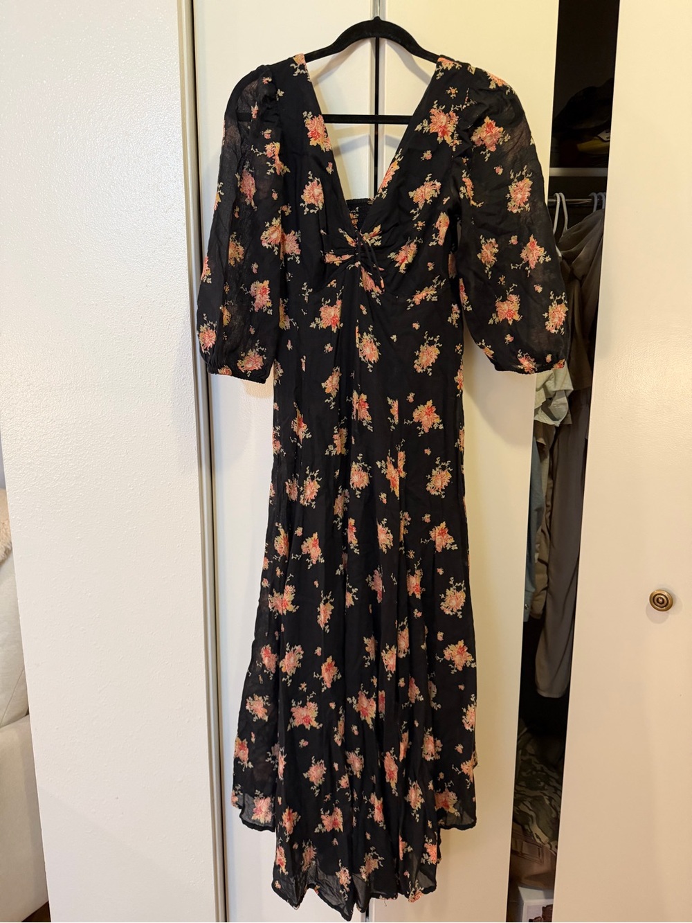 Free People Black Maxi Dress with Pink Floral Print